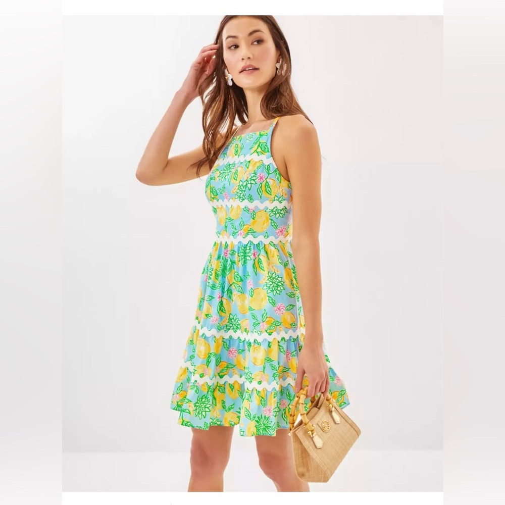 Lilly Pulitzer Green Yellow Pink Floral Sleeveless Fit-and-Flare Dress. Worn onc